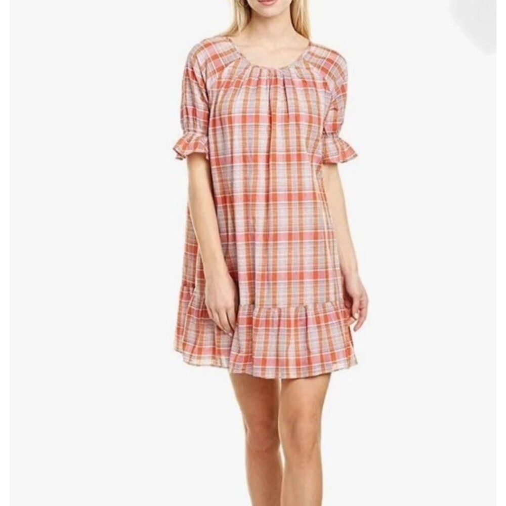 Madewell Ruffle-Sleeve Plaid Popover Mini Dress Pink Orange Size XS EUC!!